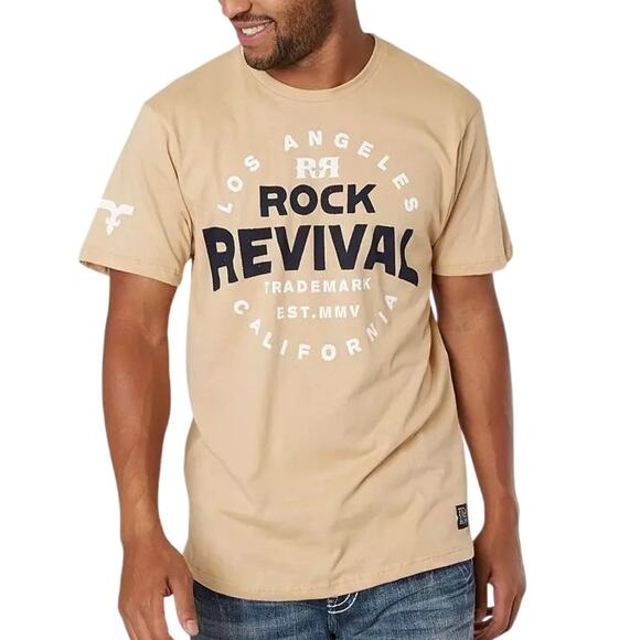 Rock Revival Sand Beige Aaric Graphic Print Short Sleeve T-Shirt Top Mens Size M - Picture 1 of 11